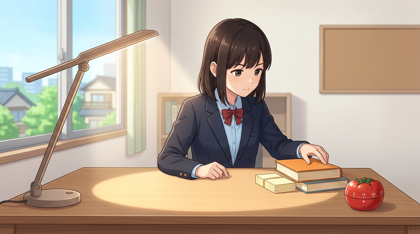 ポモドーロ開始前に勉強机の上を片付け単一の教材だけに絞り込む様子