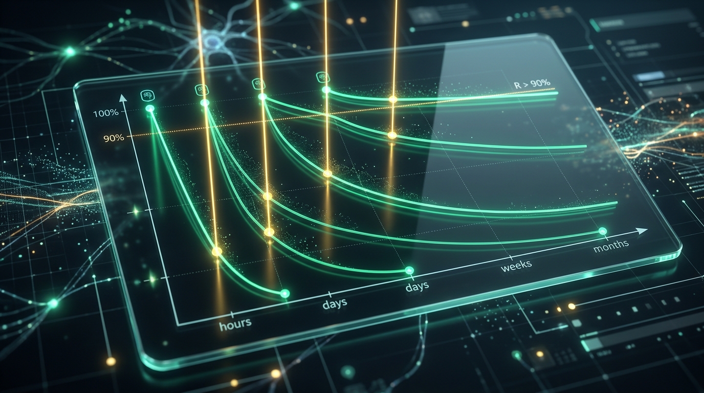 3D data visualization of FSRS v6 spaced repetition curves maintaining 90 percent memory retention threshold