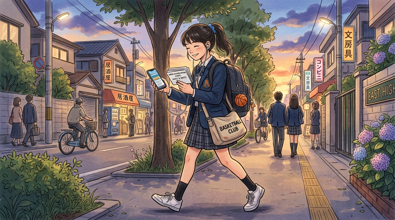 通学電車や部活帰りにイヤホンを装着しスマホの音声読み上げ機能で英単語や理科用語を復習する中高生