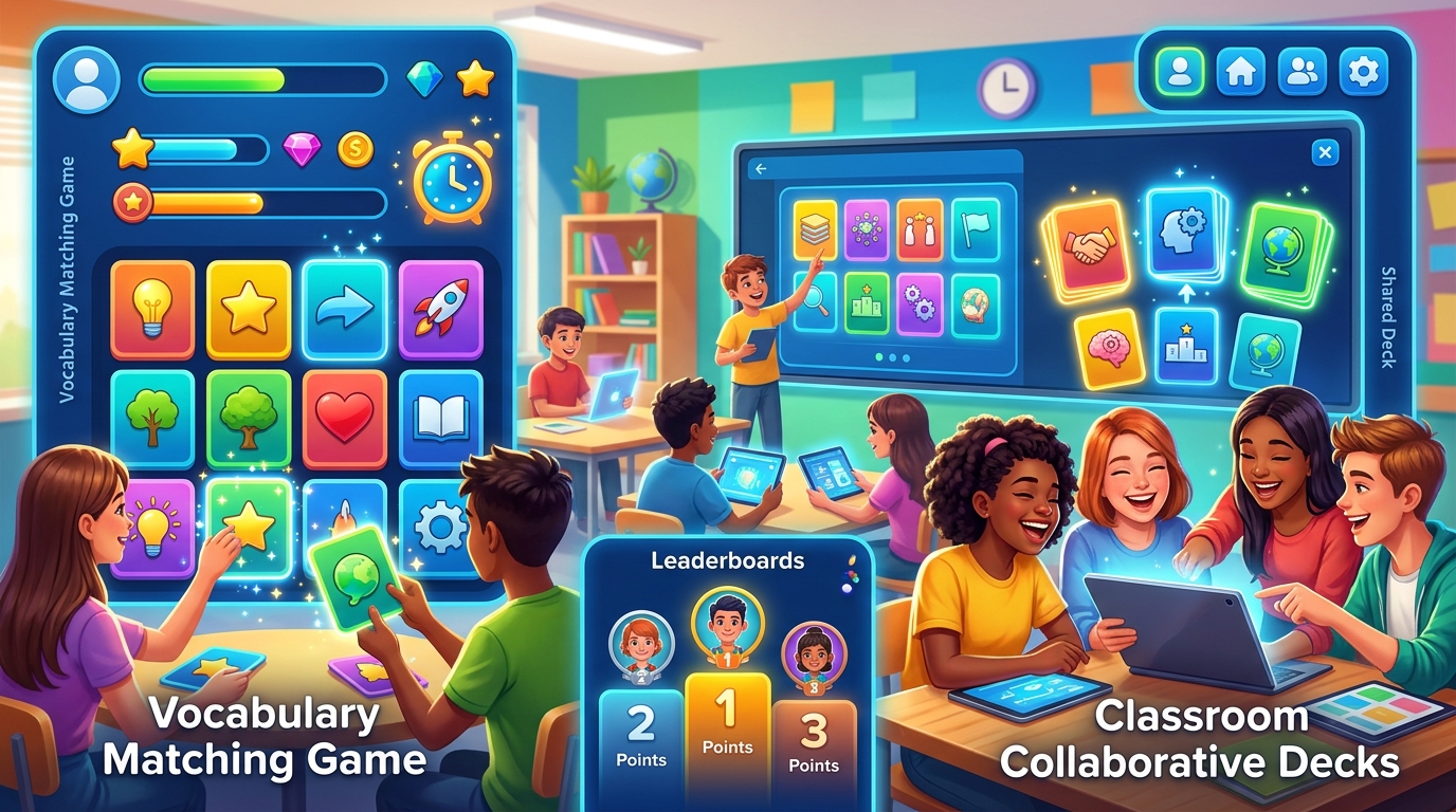 図8: カラフルなUIとマッチングゲーム形式で楽しく反復できるQuizletの学習画面