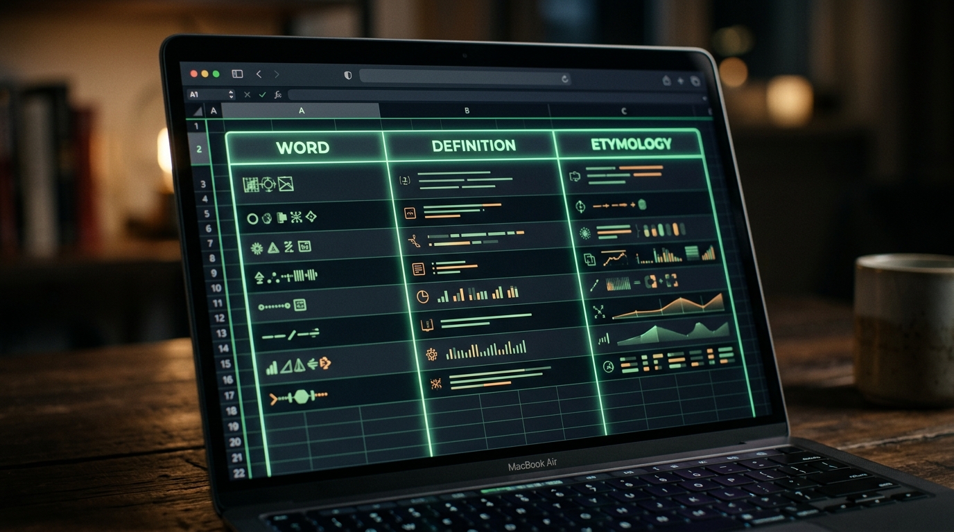 ノートPC画面に美しく整頓された単語・意味・語源解説の3列ExcelシートのUI