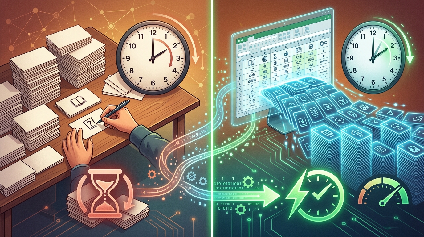 図7: 1000語のカード手作成（約20時間）を、Excel CSVインポート（わずか5秒）でゼロにする